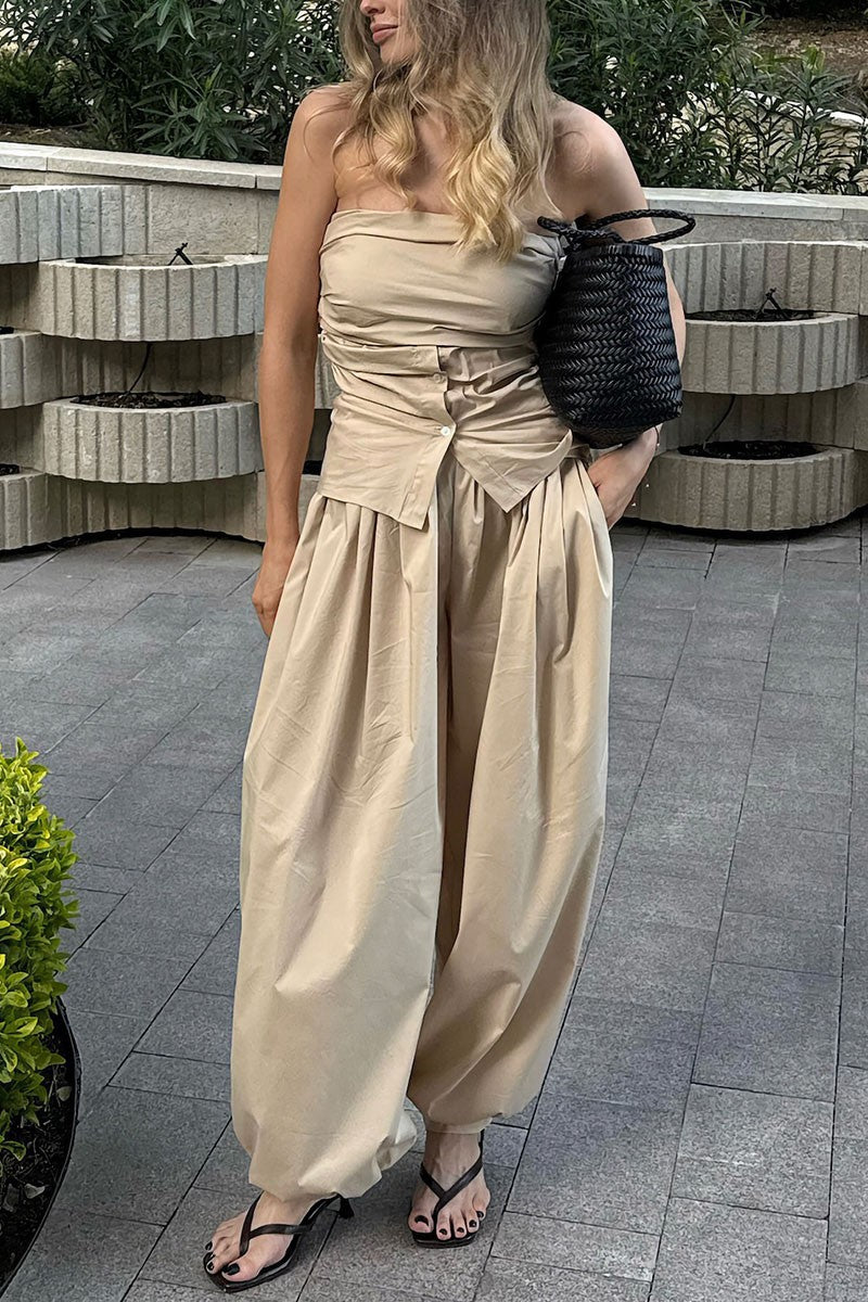 Front view - Khaki Draped Bandeau & Balloon Pants Set