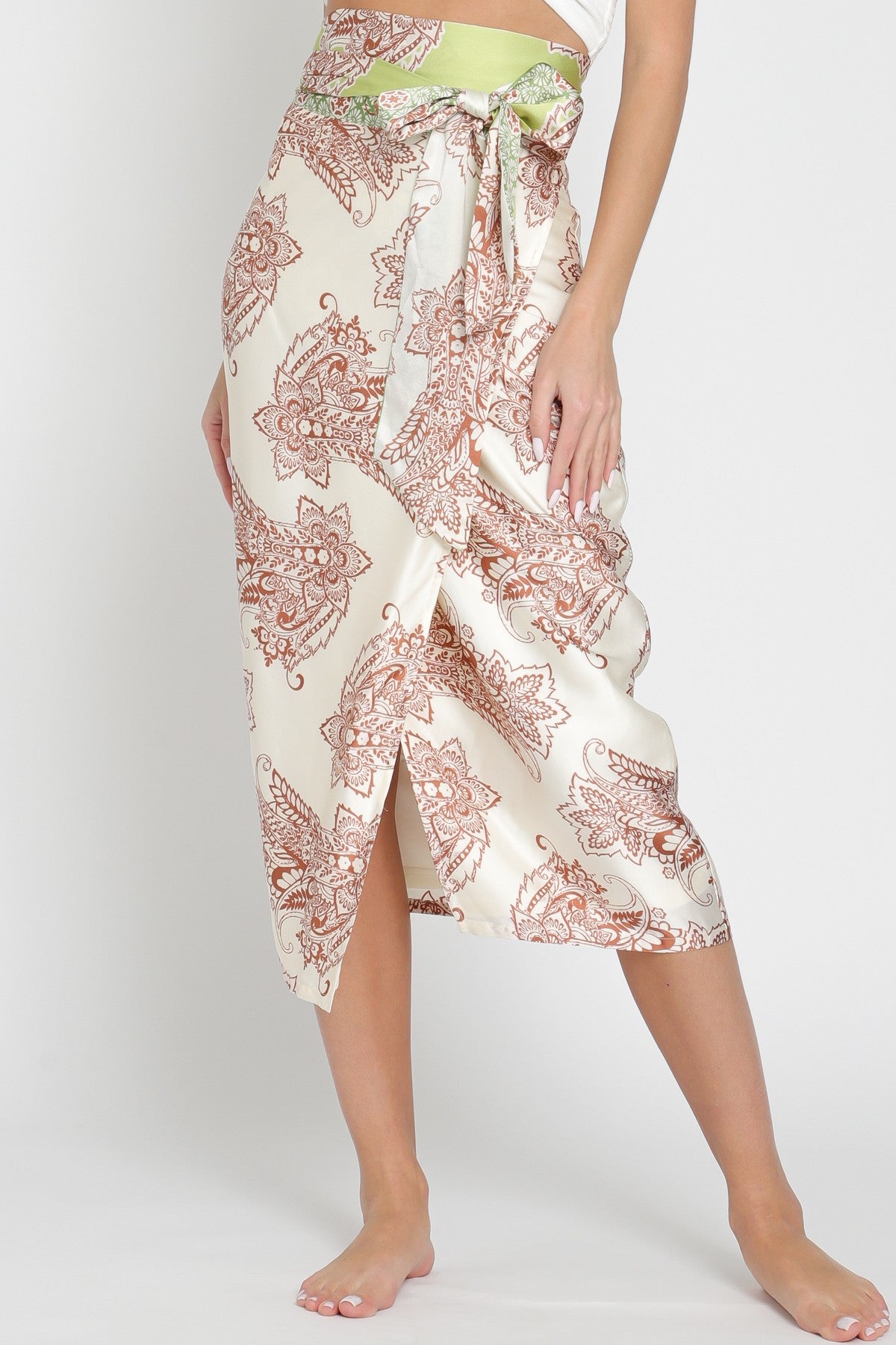 Side view with slit - Ivory Paisley Satin Wrap Midi Skirt