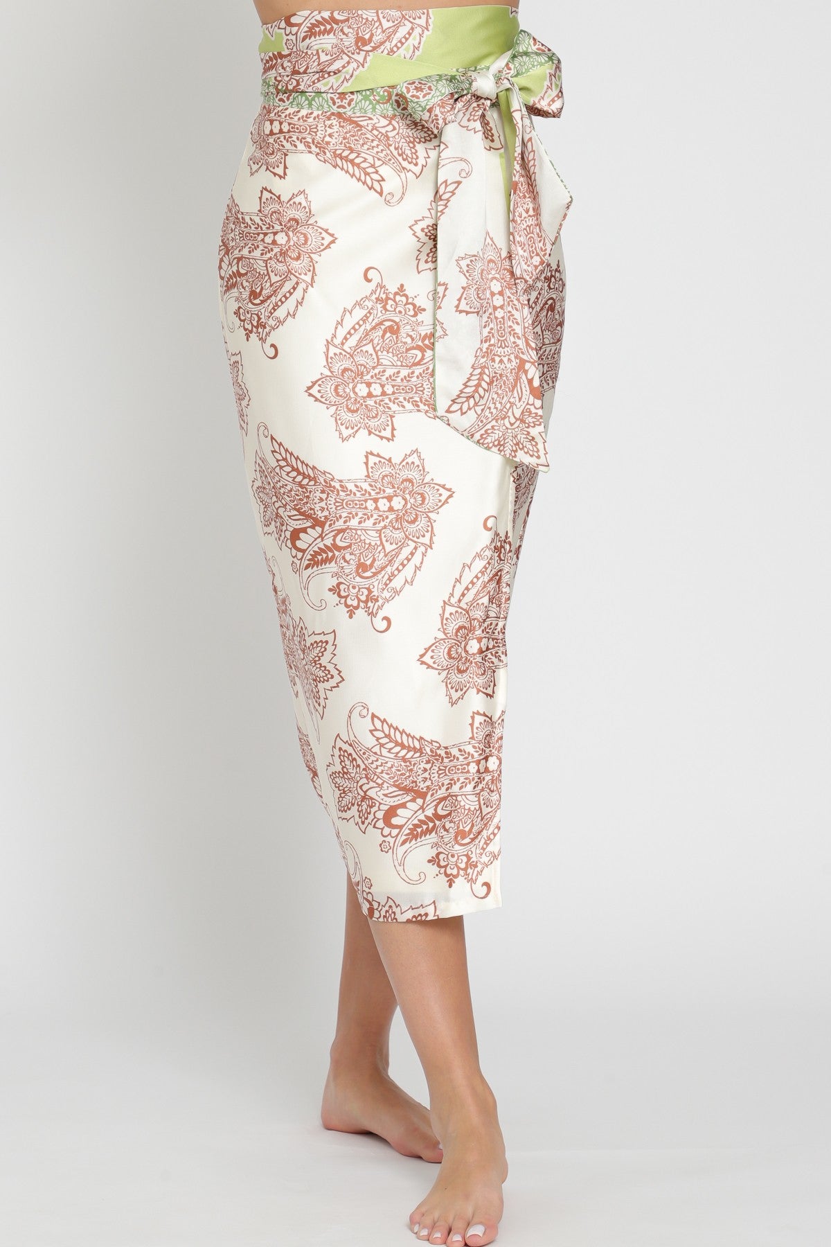 Front view - Ivory Paisley Satin Wrap Midi Skirt