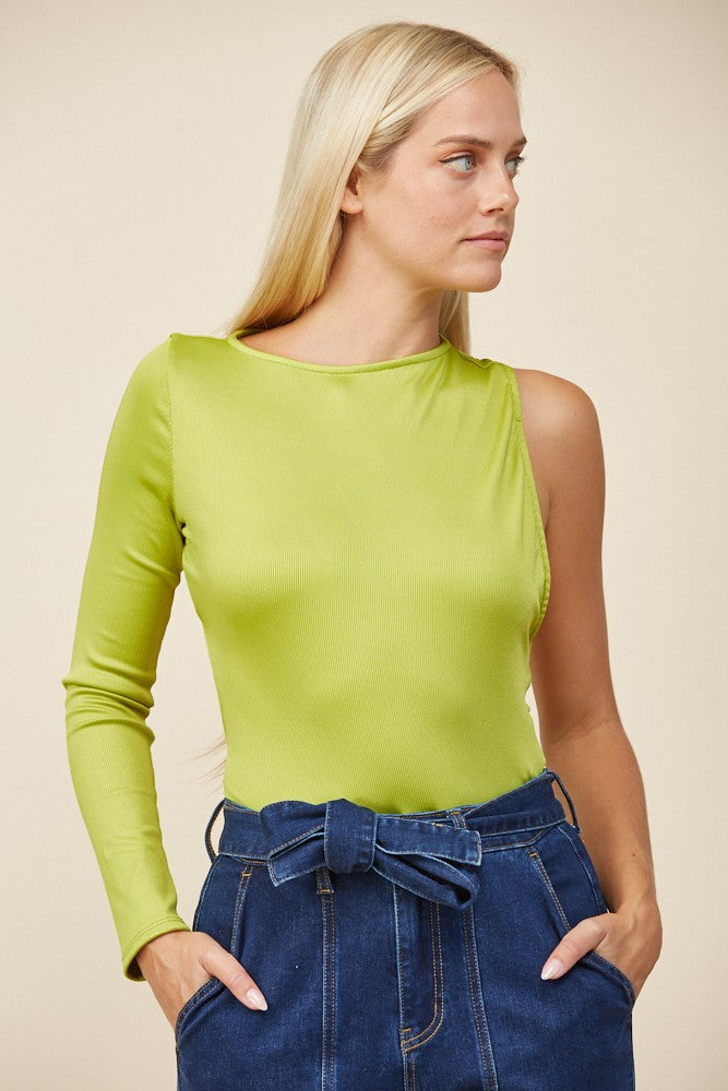 Front view - Chartreuse One-Sleeve Open Back Top