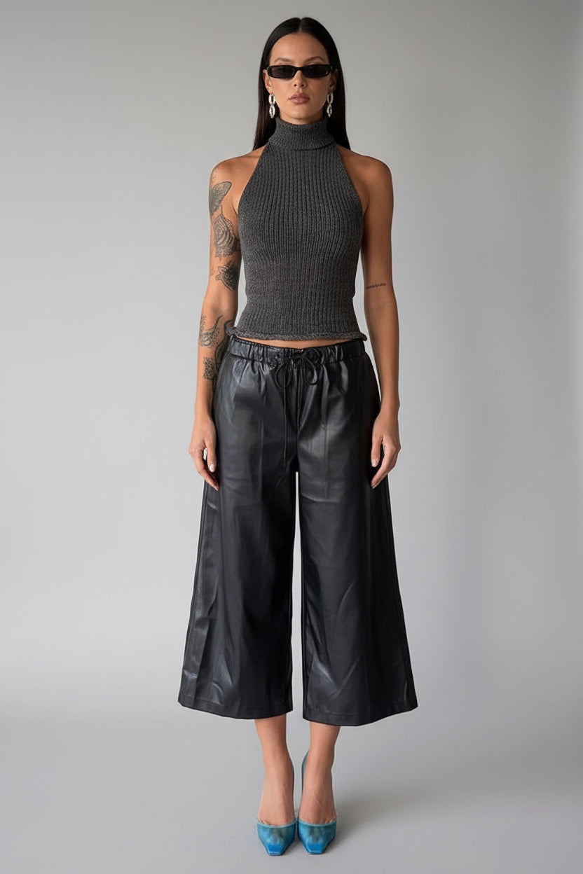 Black Faux Leather Culotte Pants