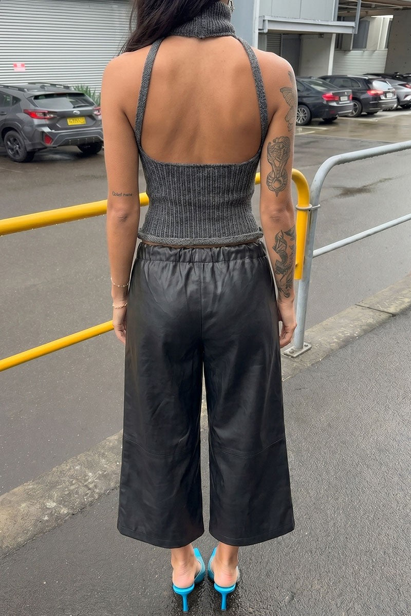 Black Faux Leather Culotte Pants