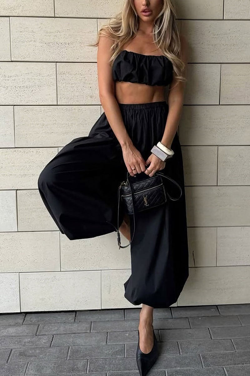 Front view - Black Ruched Bandeau & Maxi Skirt Set
