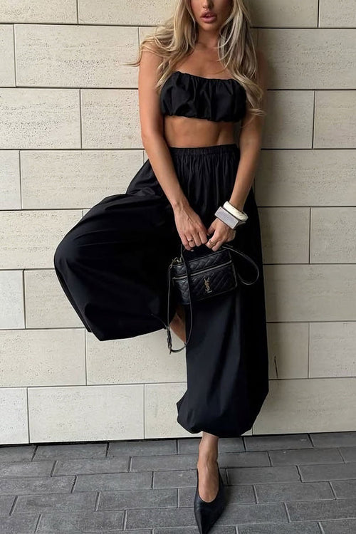 Front view - Black Ruched Bandeau & Maxi Skirt Set