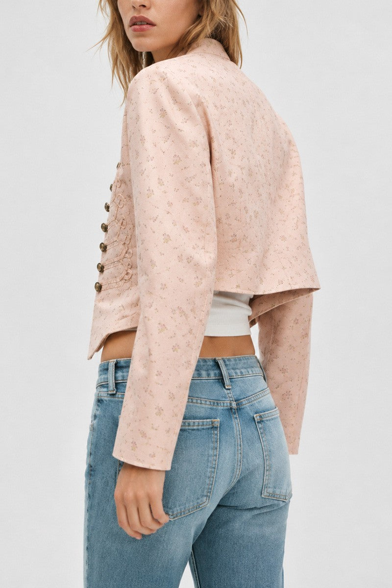 Back view - Blush Floral Military Cropped Jacket