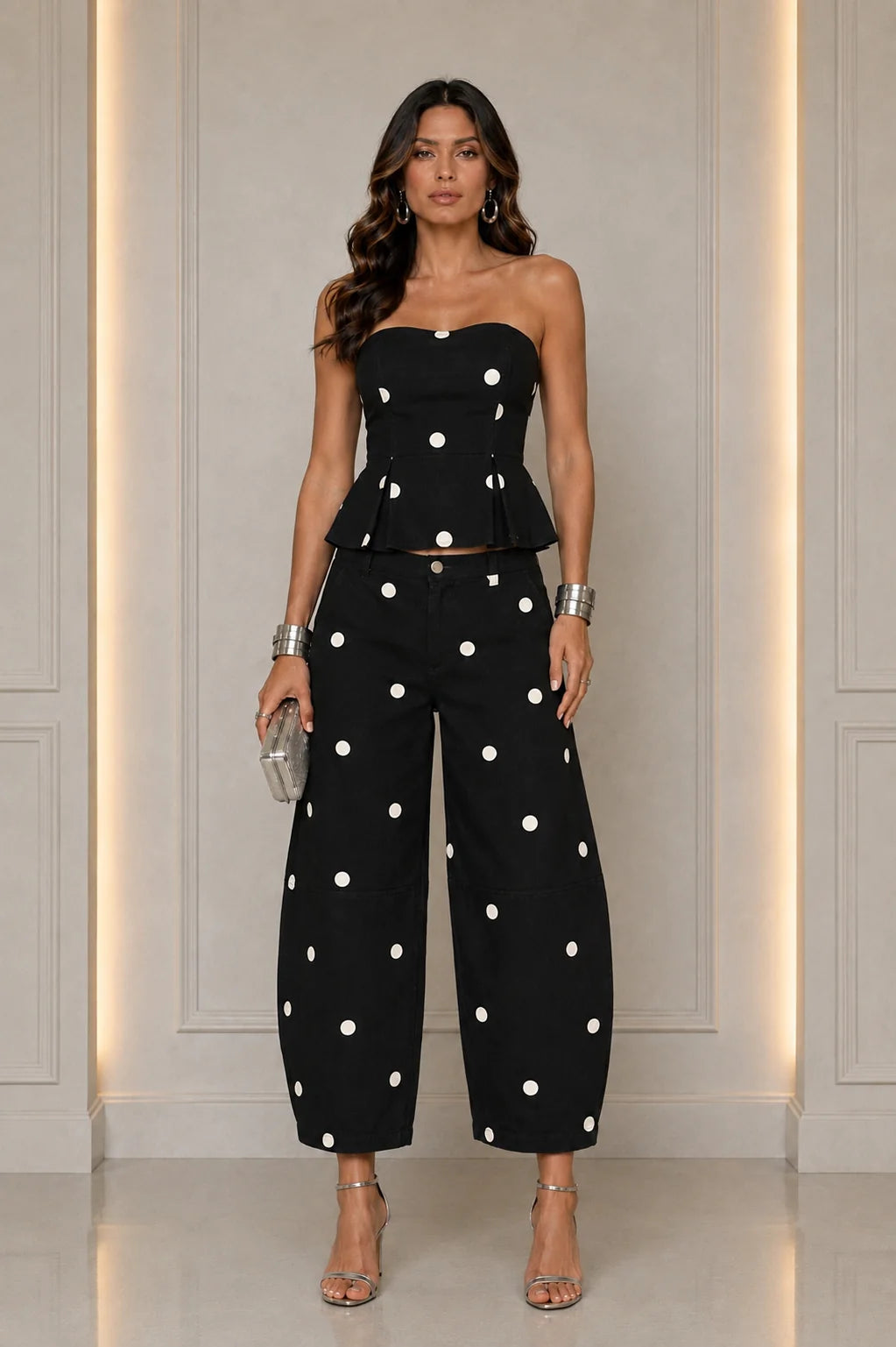 Black Polka Dot Peplum Two-Piece Set