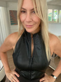 Faux Leather Zip-Front Halter Corset Top in Black