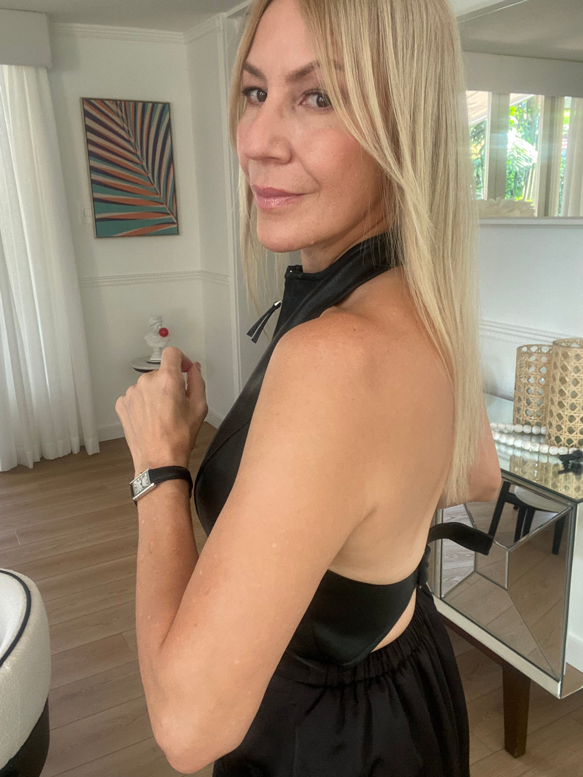 Faux Leather Zip-Front Halter Corset Top in Black