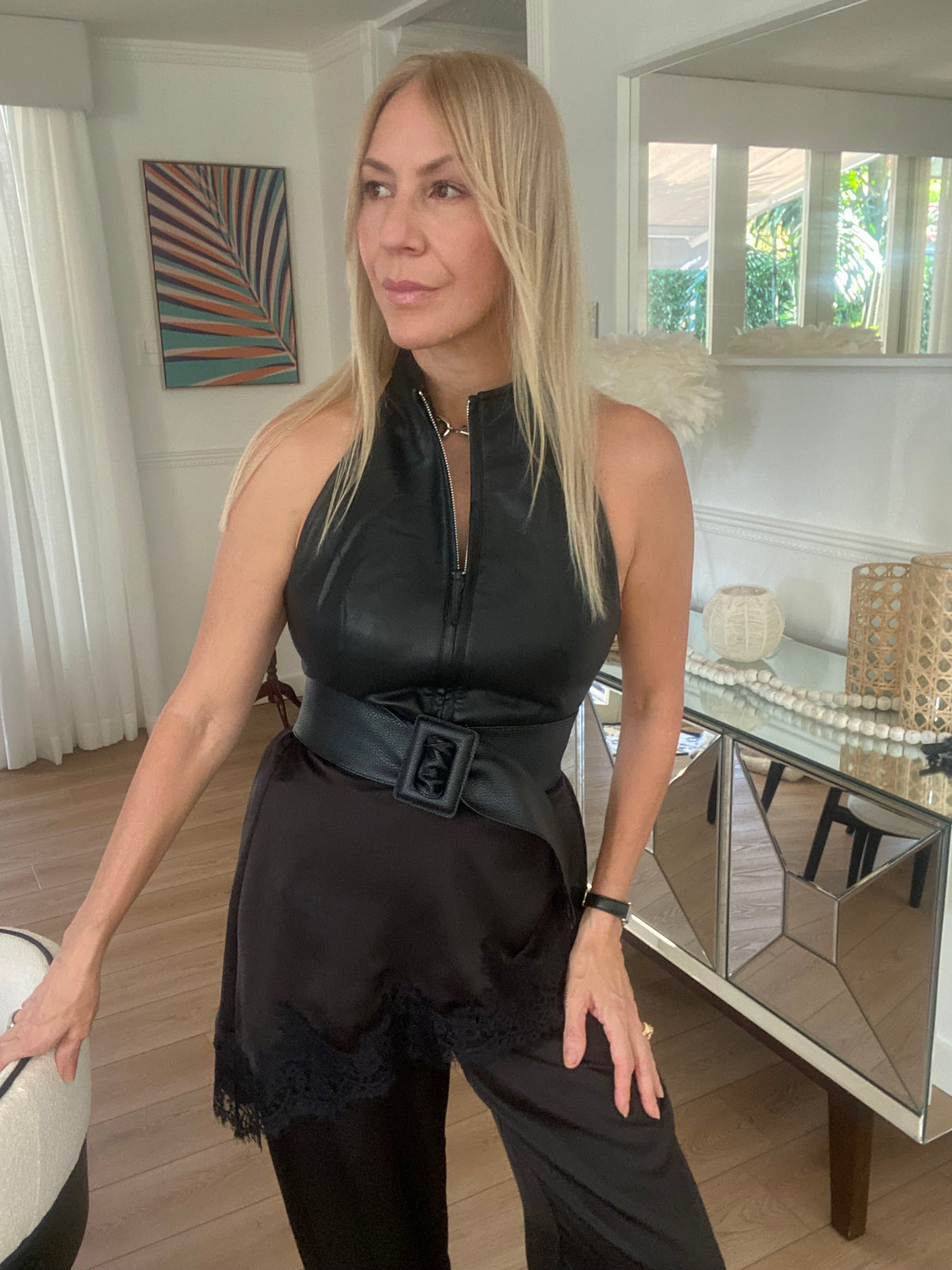 Faux Leather Zip-Front Halter Corset Top in Black
