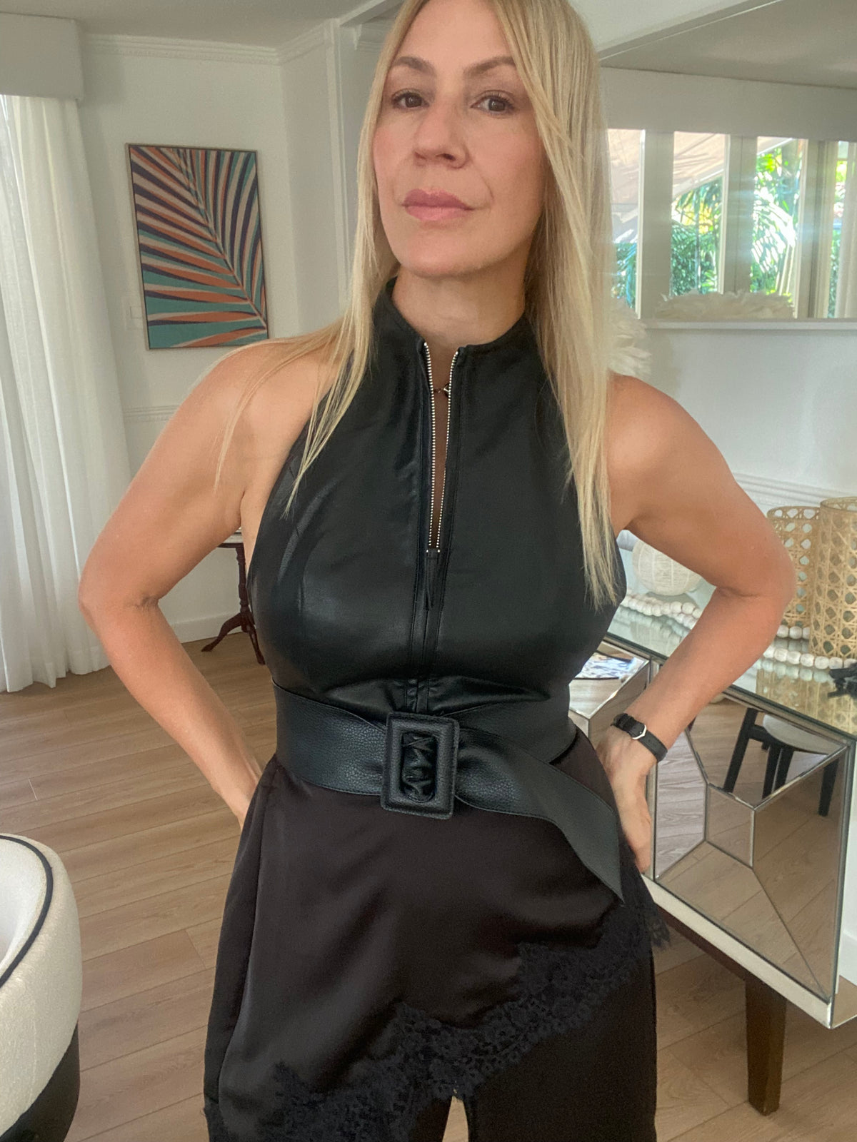 Faux Leather Zip-Front Halter Corset Top in Black