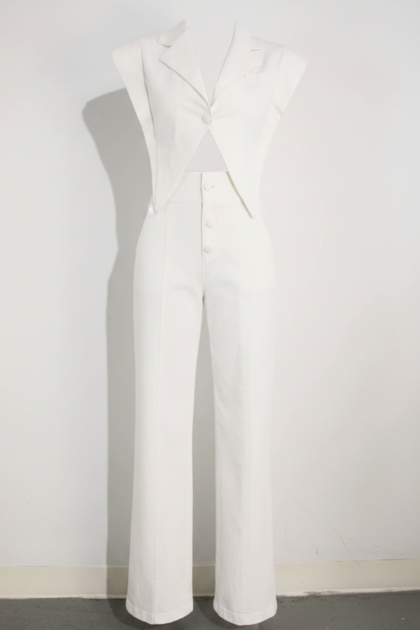 White blazer vest and high-waist trouser pants set floating on white background