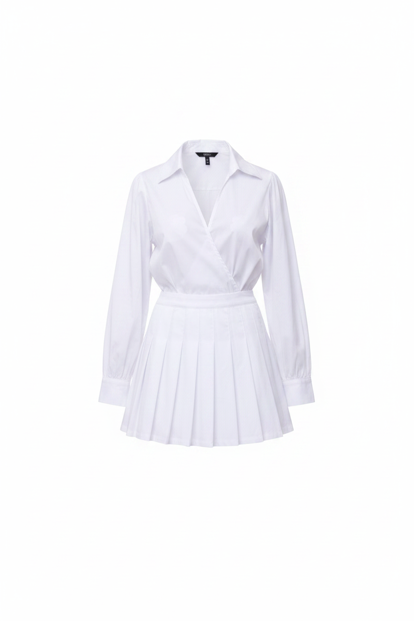 White pleated poplin romper floating on white background