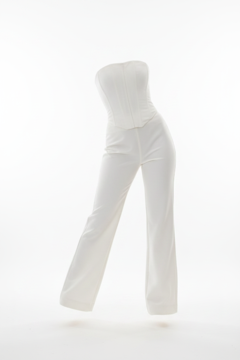 White strapless corset jumpsuit floating on white background