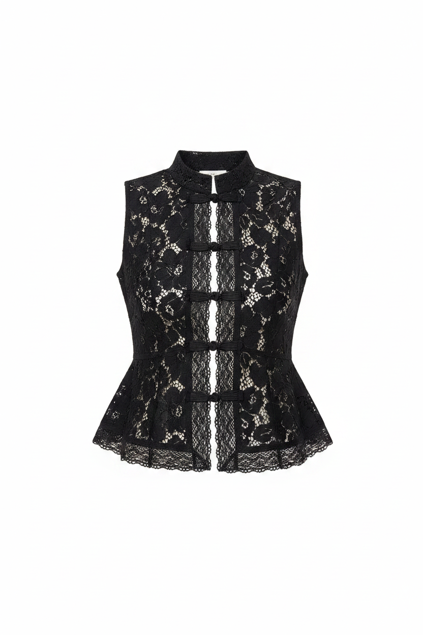 Ghost mannequin flotante - Black Floral Lace Peplum Top